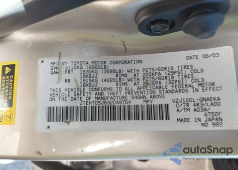 2003 Toyota Land Cruiser z USA, uszkodzony, nr VIN JTEHT05J632048764